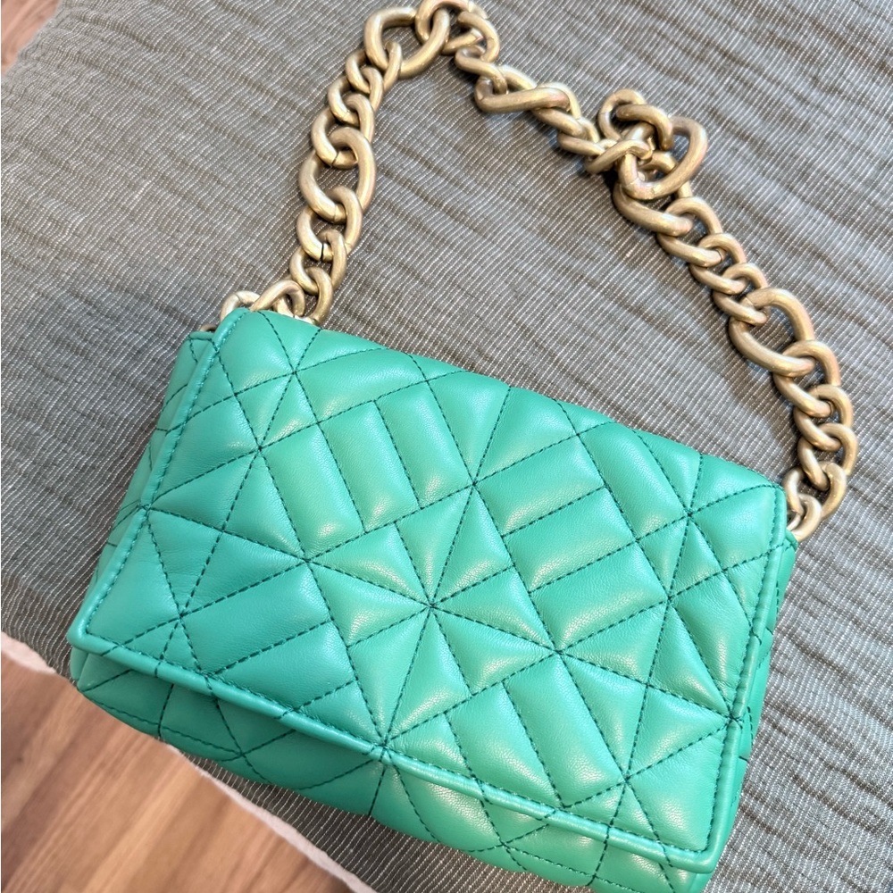 Zara Green Quilted Clutch with Gold Chain